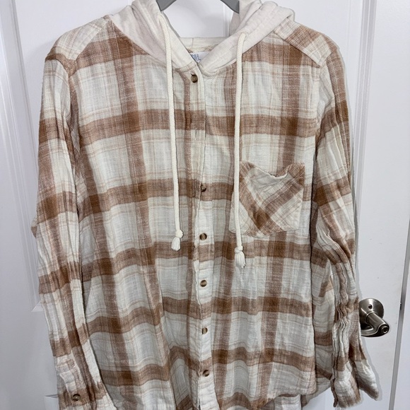 Time and Tru Tops - Time and Tru Cream and Brown Plaid Hoodie